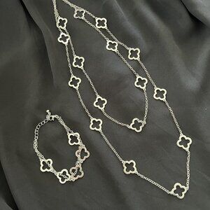 Silver Plated clover Layered Long Necklace set  stainless steel womens jewelry